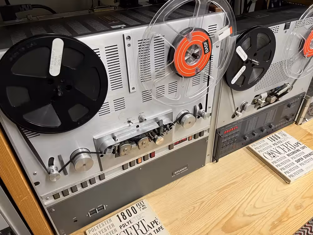 Reel-to-reel tape loaded in a professional tape deck
